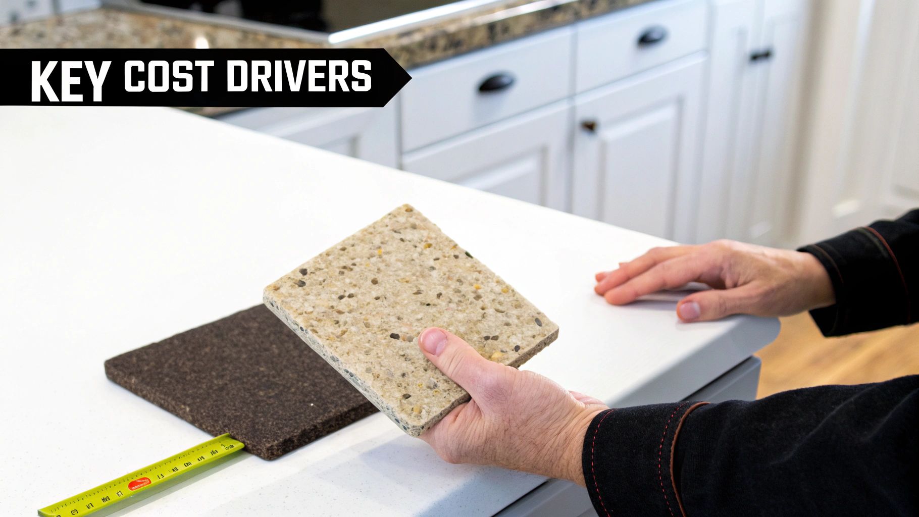 Hands holding a speckled countertop sample over a white kitchen counter with other samples and a measuring tape, highlighting key cost drivers.