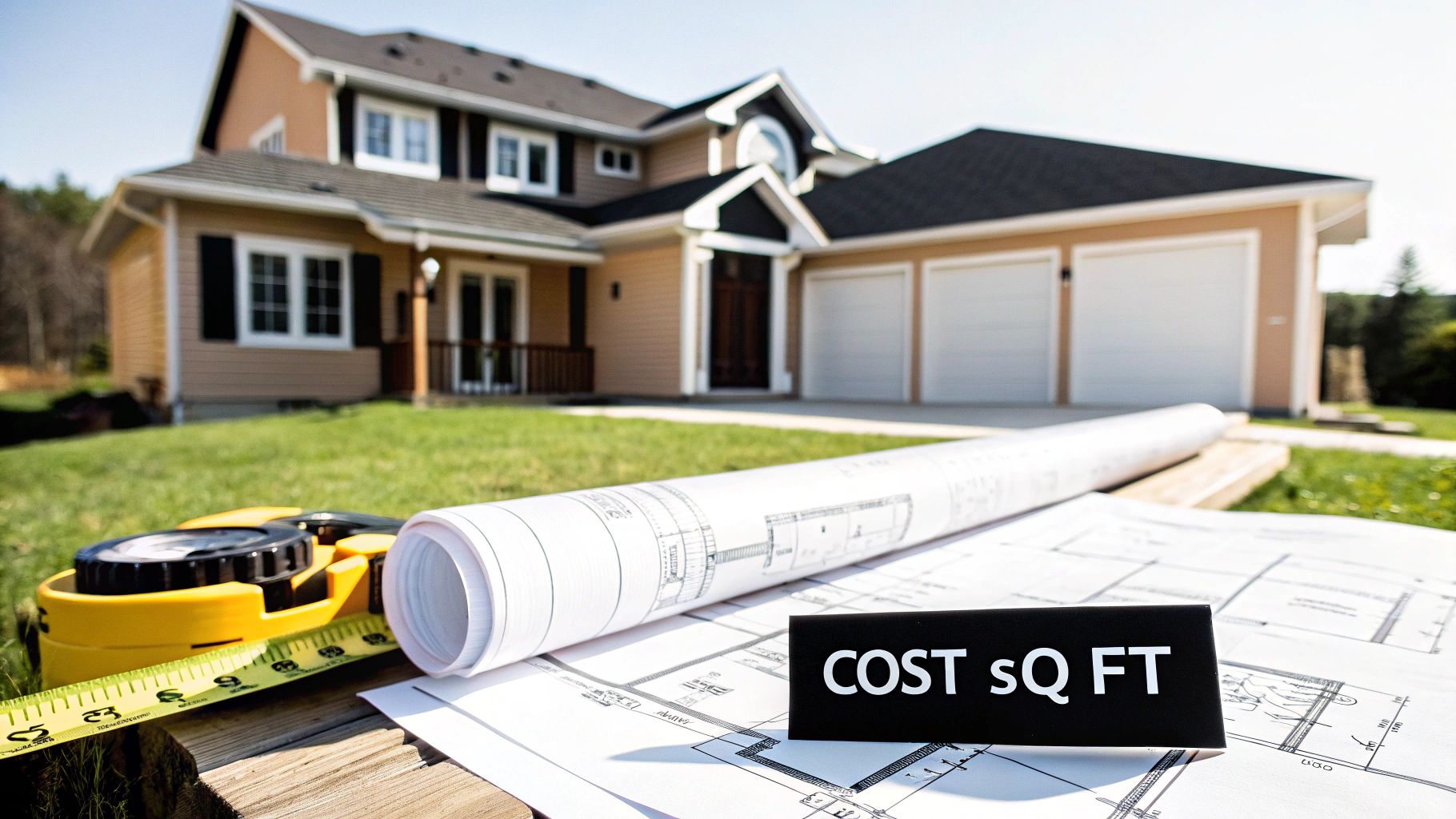 Blueprints, a measuring tape, and a 'COST sQ FT' sign on wood with a new house in the background.