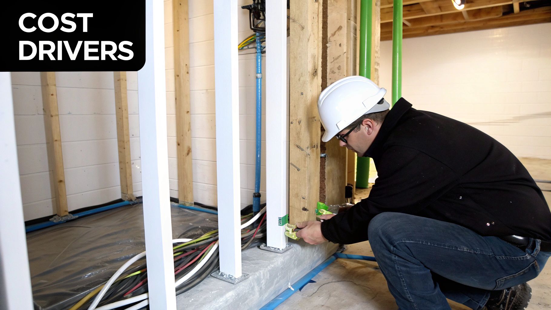 A construction worker installing electrical wiring in a basement during a finishing project.