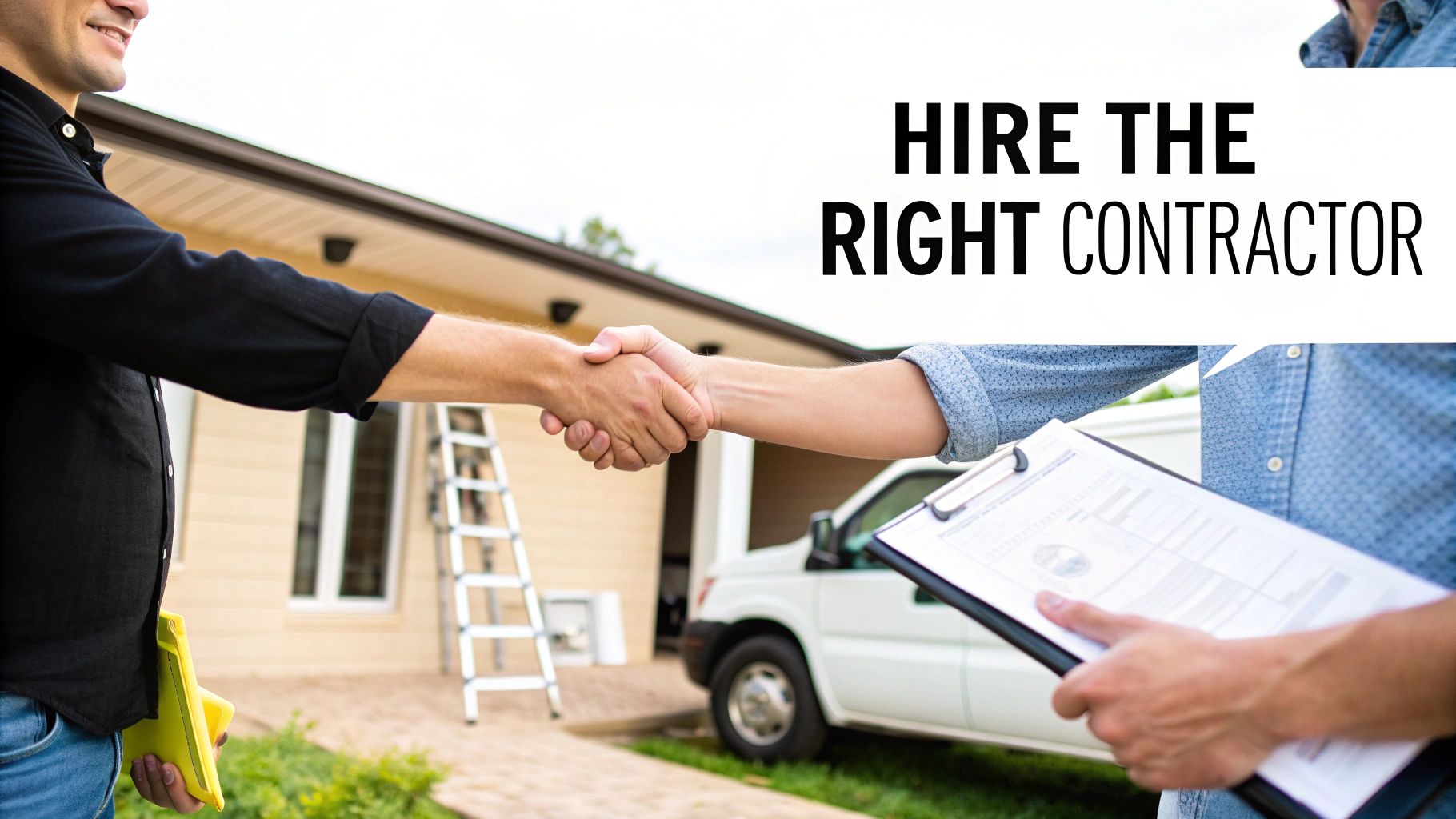 Two contractors shaking hands, one holding documents, with a house, ladder, and van in the background.