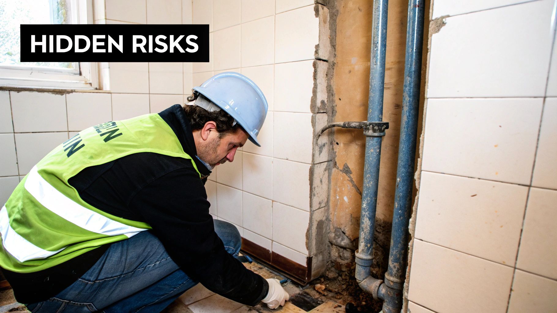 A man in a hard hat inspecting exposed pipes during a bathroom renovation, revealing hidden risks.