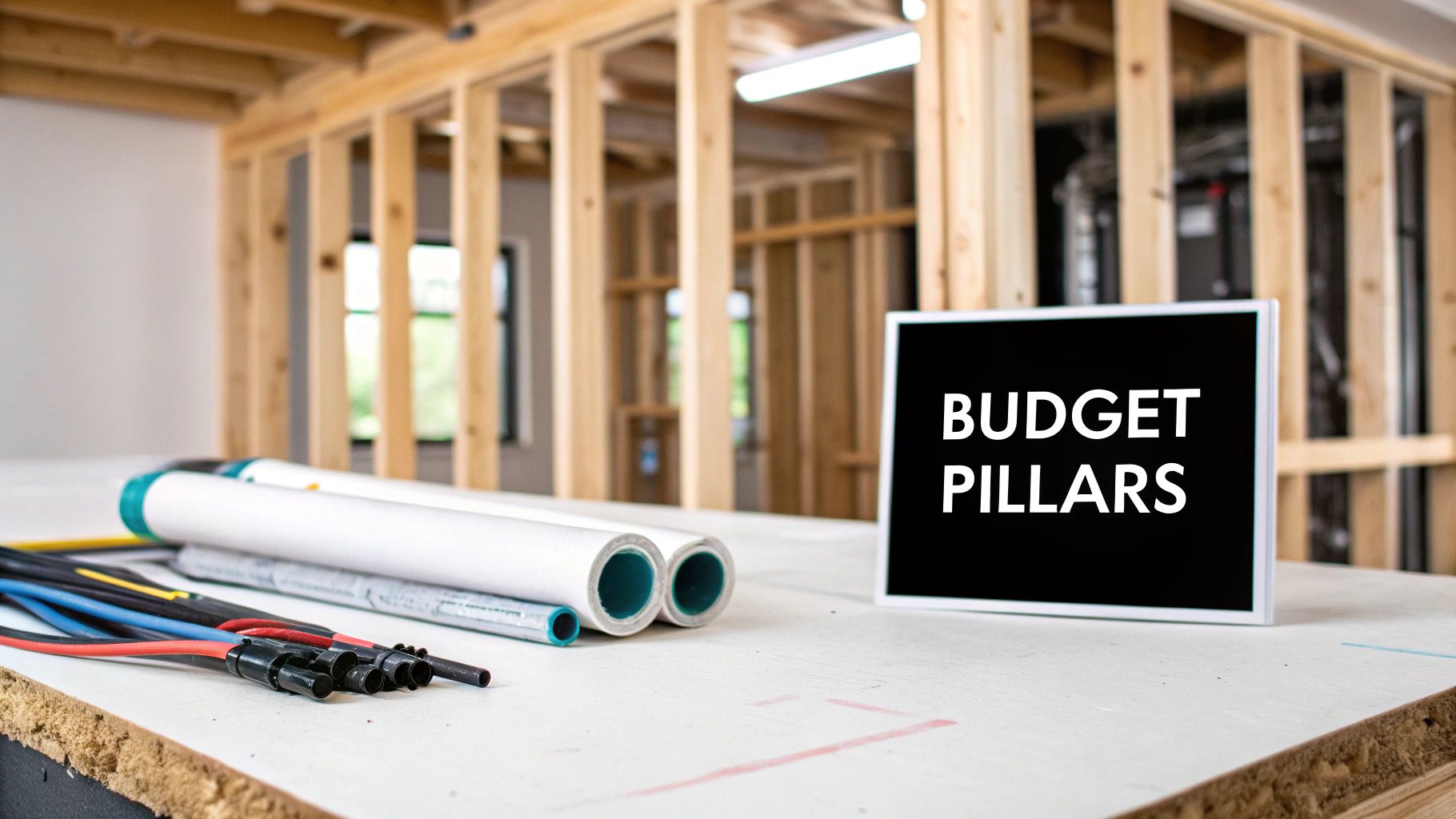 A construction site with wooden framing, blueprints, electrical wires, and a sign 'BUDGET PILLARS'.