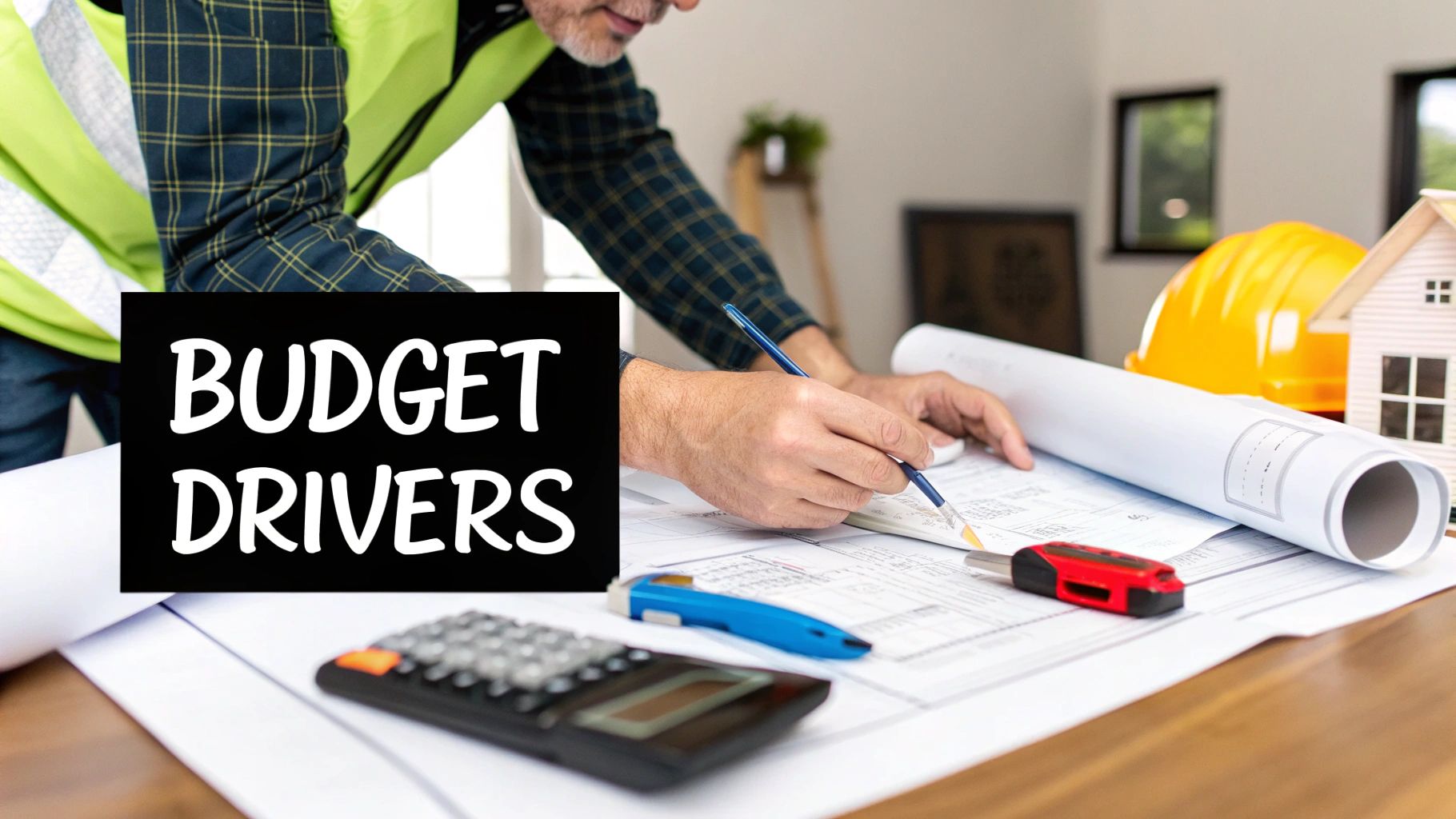 A construction worker reviews blueprints, calculator, and model house, with 'BUDGET DRIVERS' text overlay.