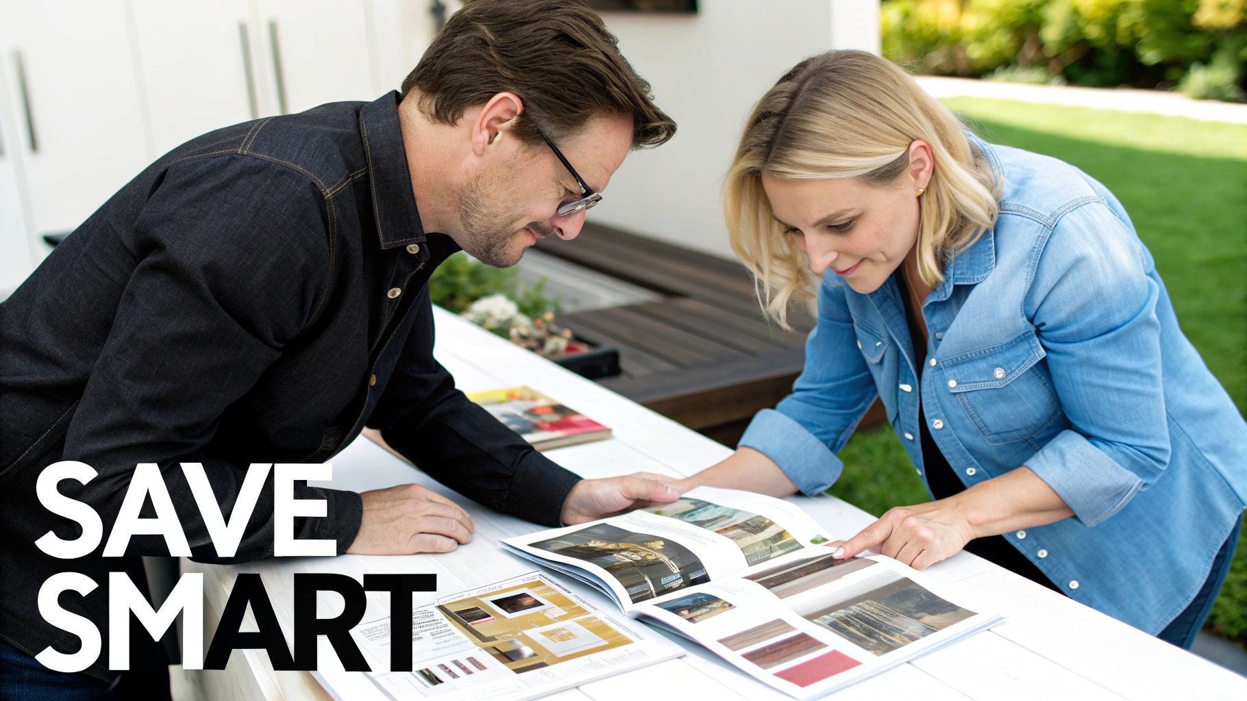 A man and a woman review design catalogs together on a white outdoor table.