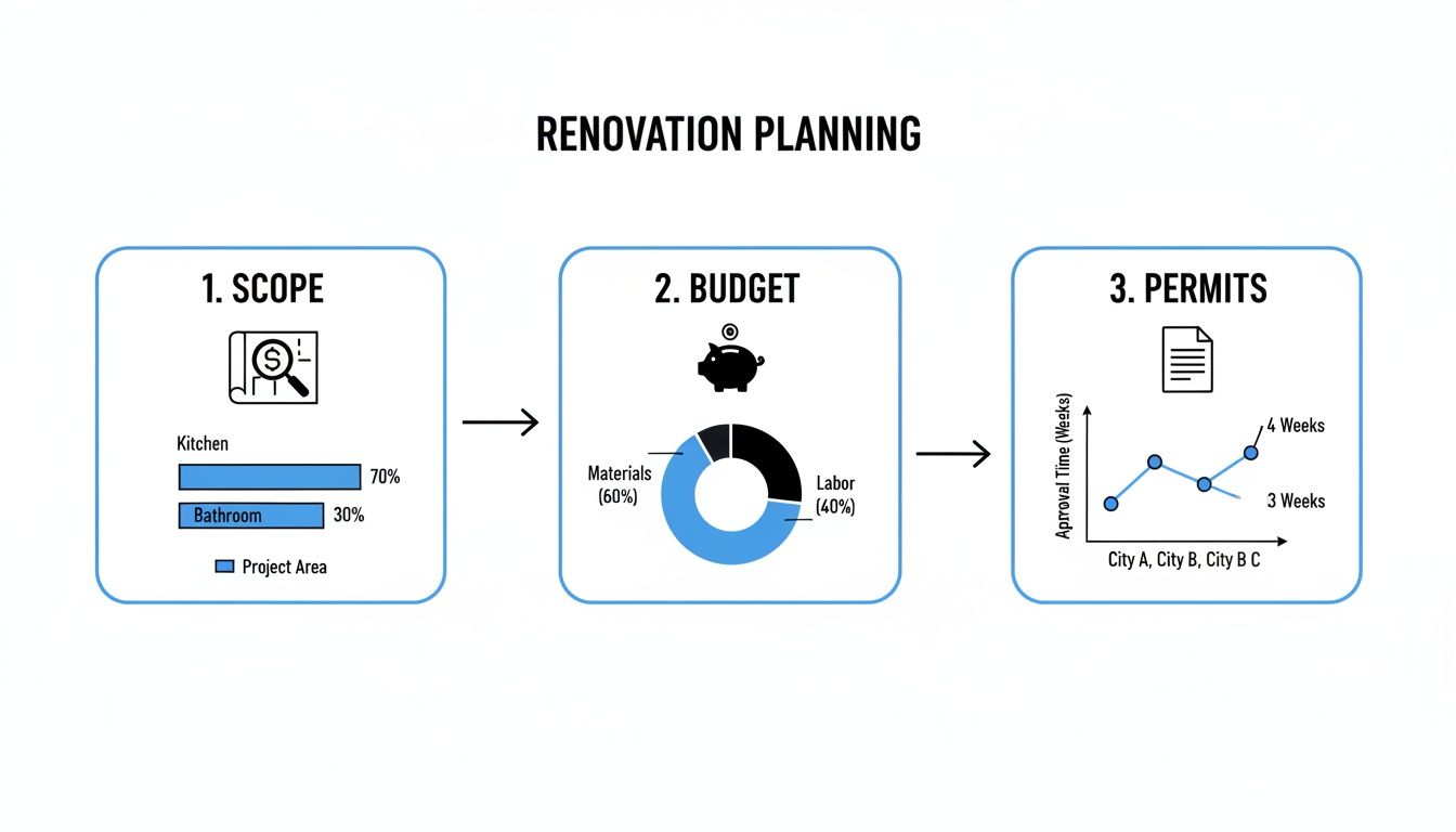 Infographic detailing the three key steps of renovation planning: scope, budget, and permits approval process.