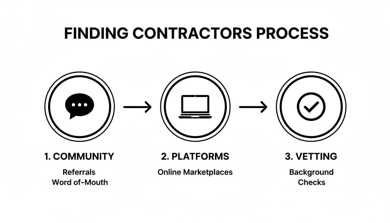 Diagram illustrating the three-step process for finding contractors: community, platforms, and vetting.