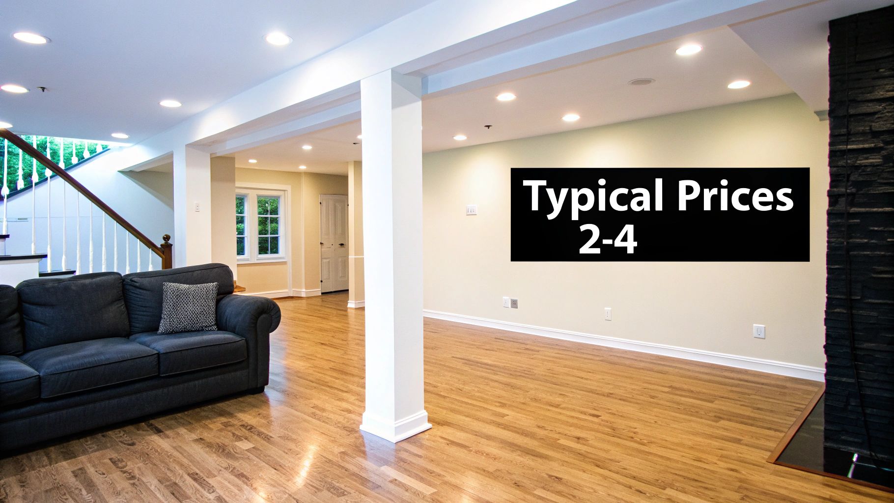 A bright, finished basement featuring a dark gray sofa, hardwood floors, a staircase, and recessed lighting.