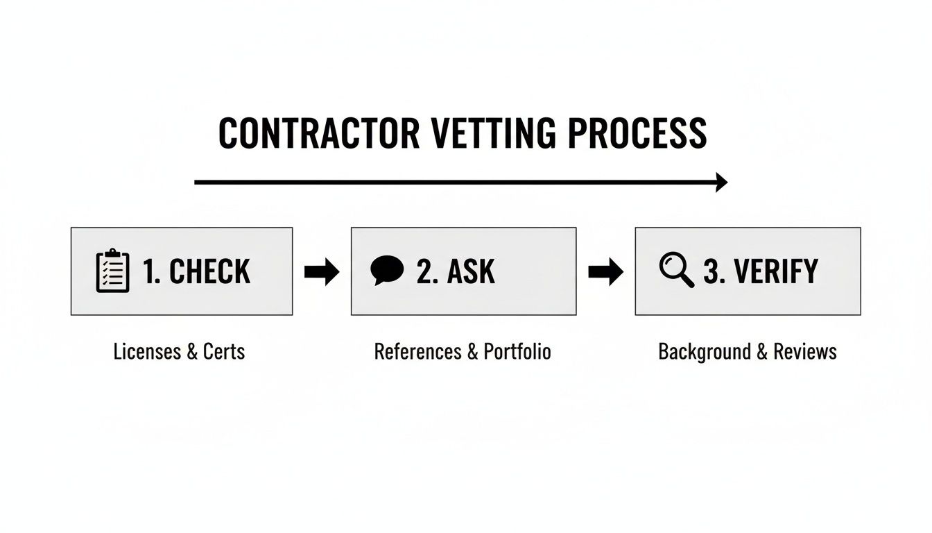 A diagram outlining the contractor vetting process, including checking, asking, and verifying steps.