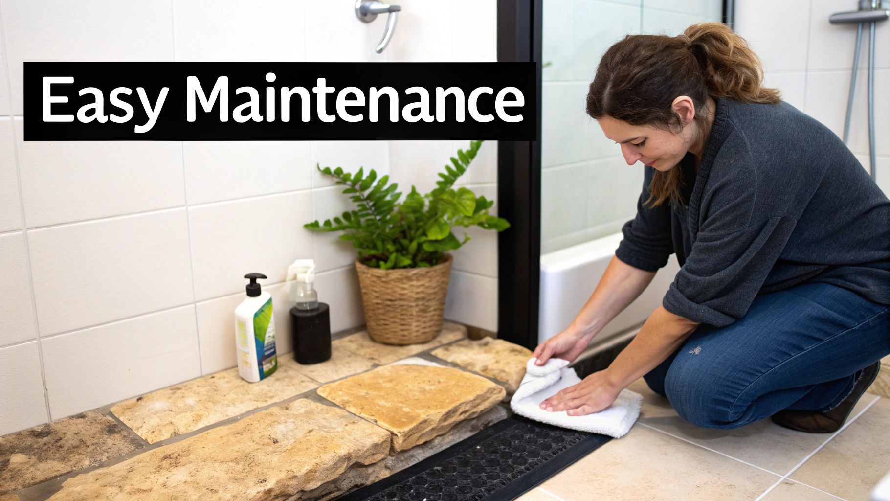 A close-up of a stone shower base being gently cleaned.
