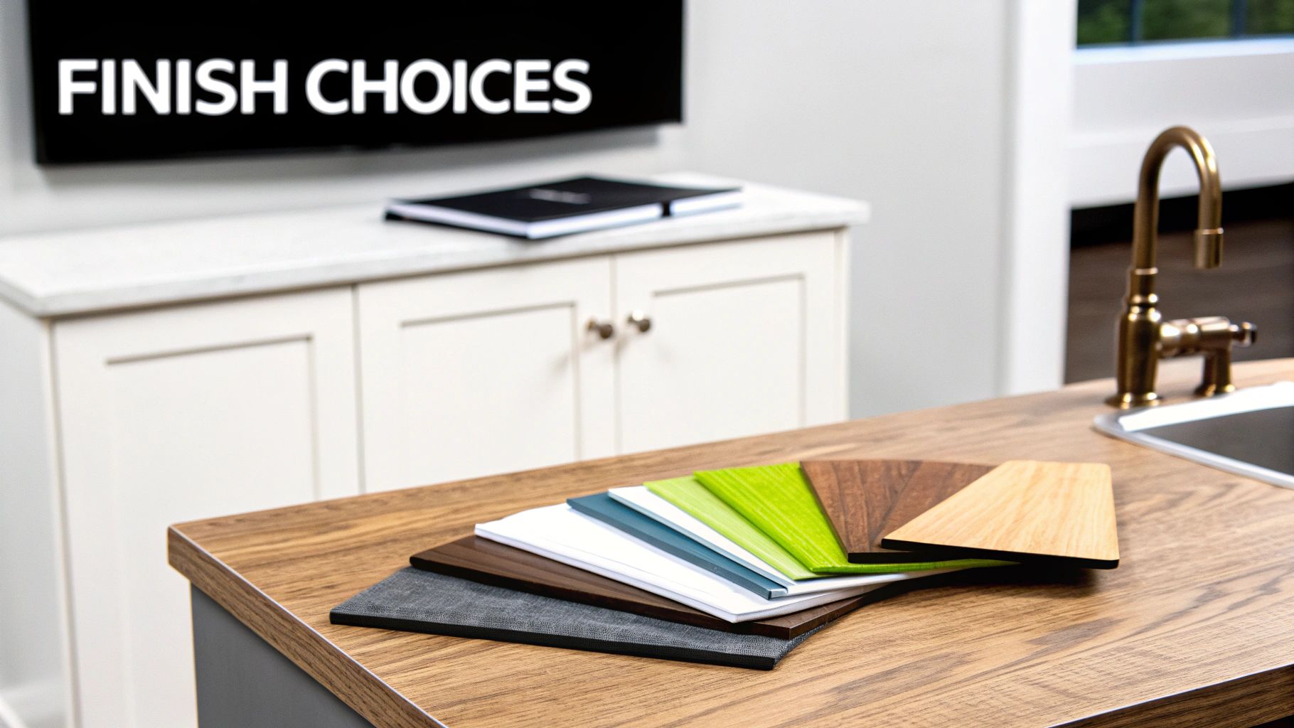 A variety of finish choices are displayed on a wooden countertop, including wood, green, blue, white, and gray samples.