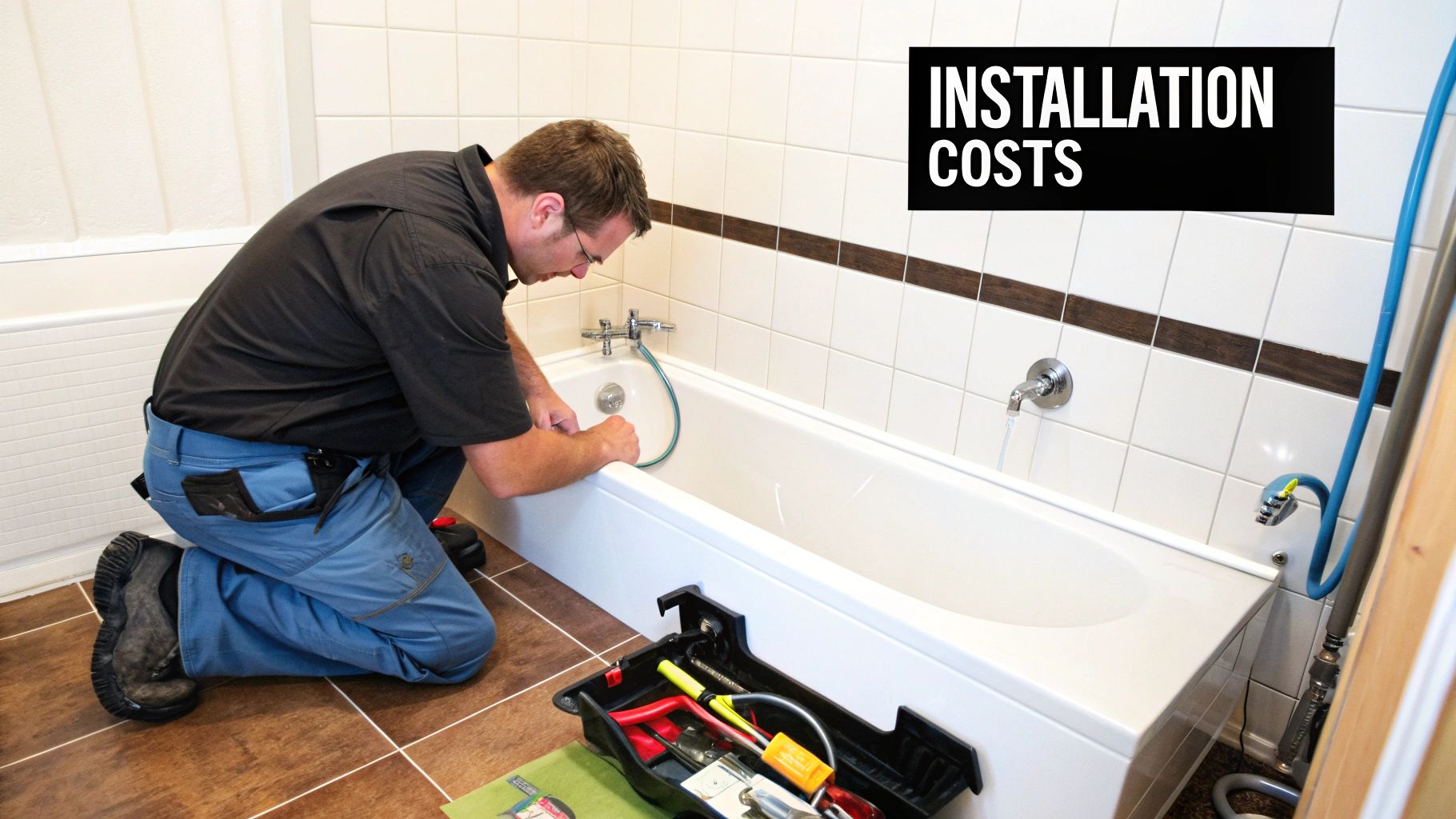 A male plumber kneels by a white bathtub, working on its installation or repair with tools.
