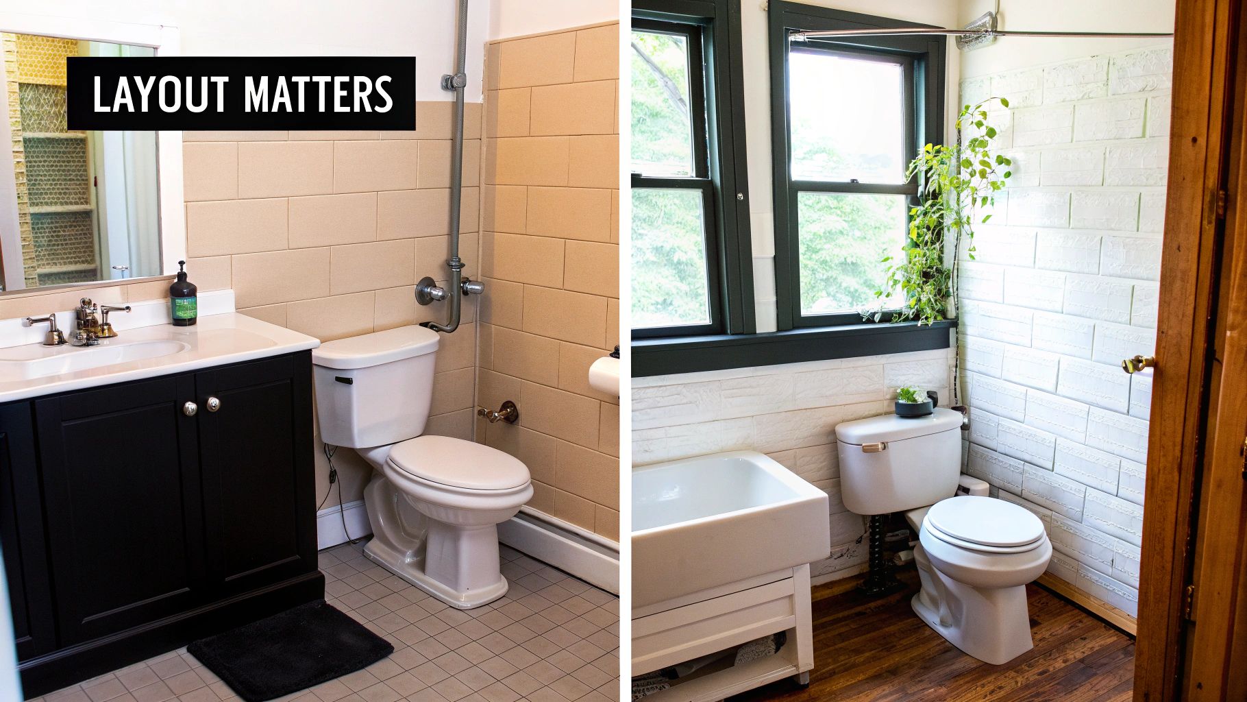Before and after comparison of a bathroom renovation, showing a dated beige tiled bathroom and a modern updated bathroom.
