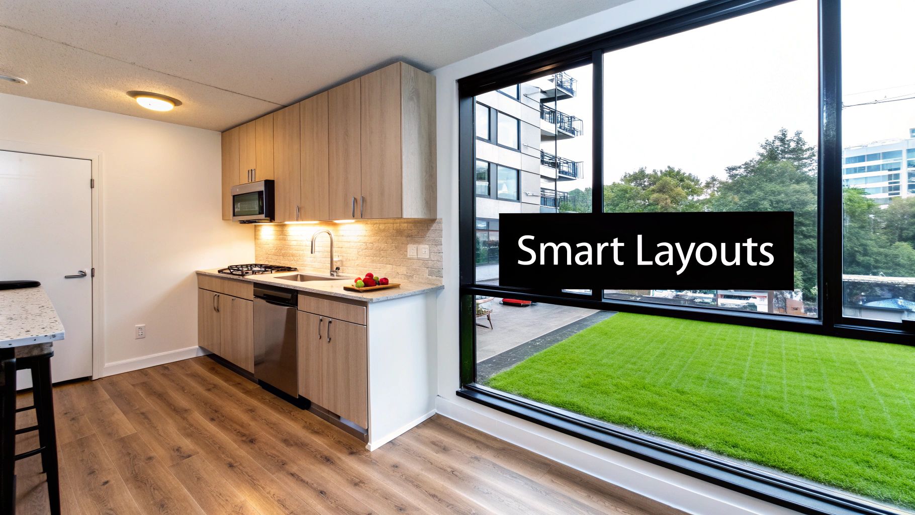 A modern kitchen with light wood cabinets, stainless steel appliances, and a large window overlooking a city view and green area.