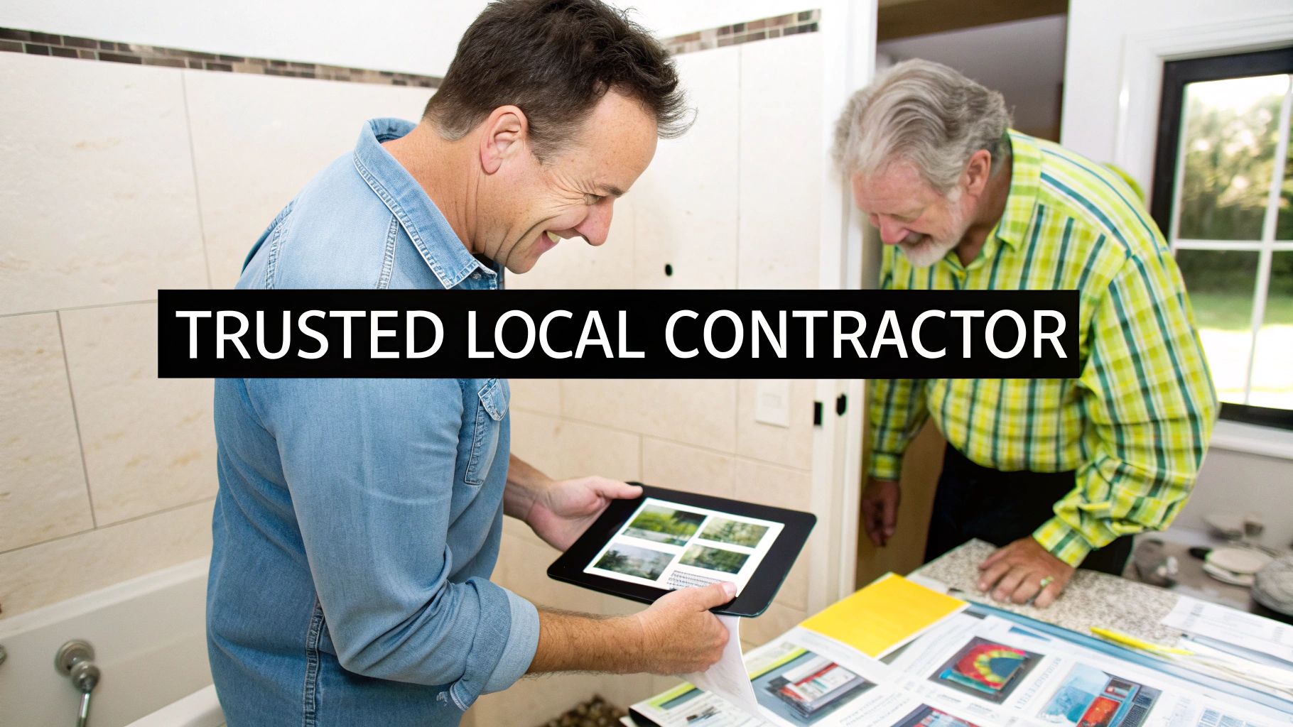 A smiling local contractor shows renovation plans on a tablet to a client, labeled "TRUSTED LOCAL CONTRACTOR".
