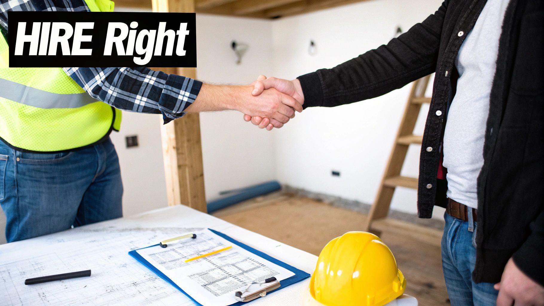 Two men, one in a safety vest, shake hands over blueprints in a construction site with 'HIRE Right' text.