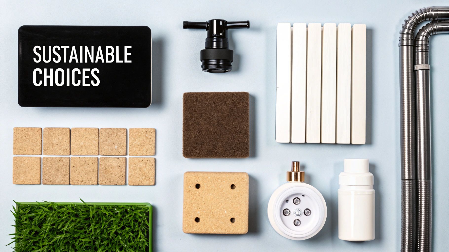 Flat lay of sustainable building materials, plumbing fixtures, and eco-friendly home renovation choices.