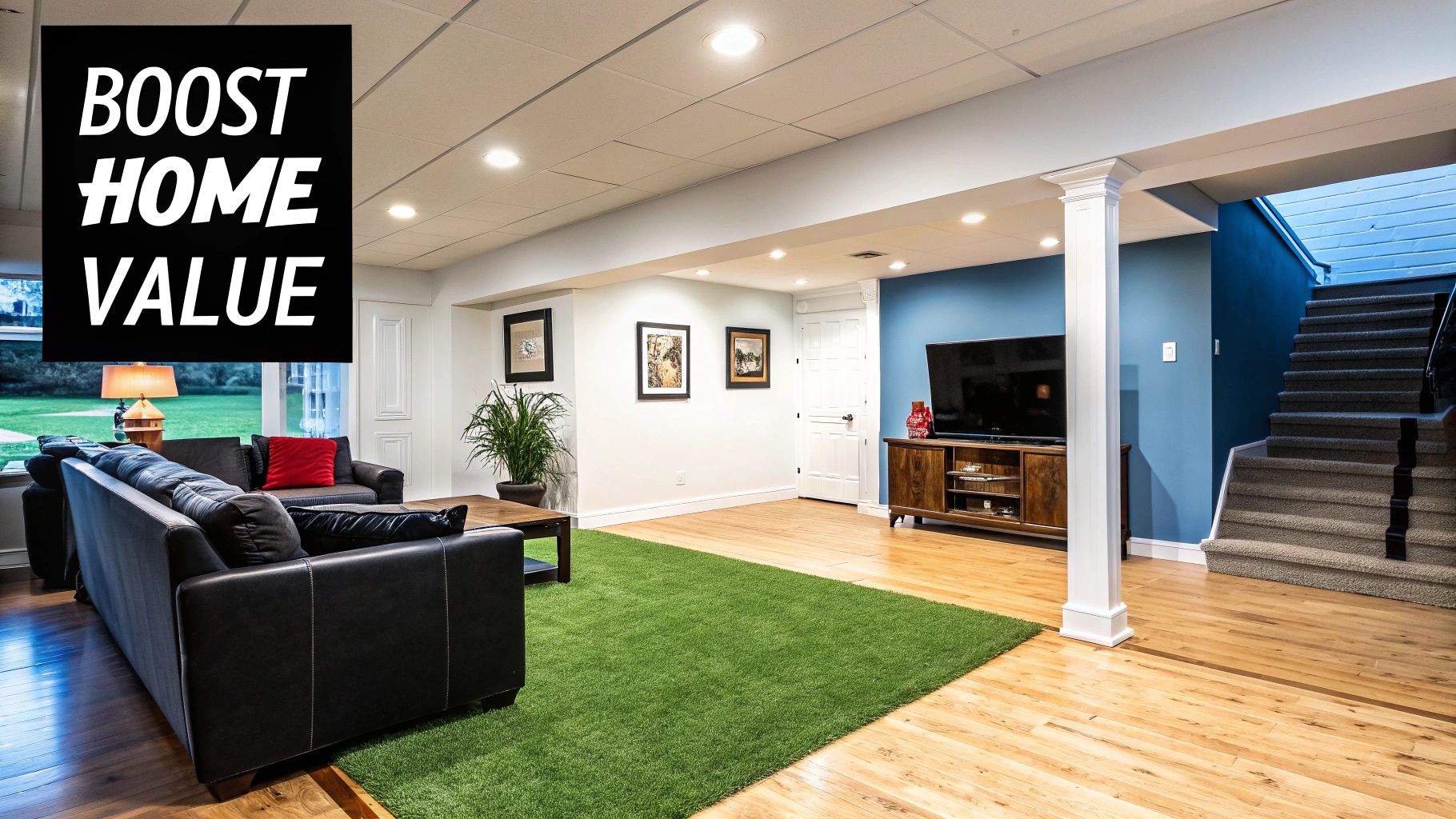 A well-lit, finished basement with a comfortable living space, stairs, and a window view.
