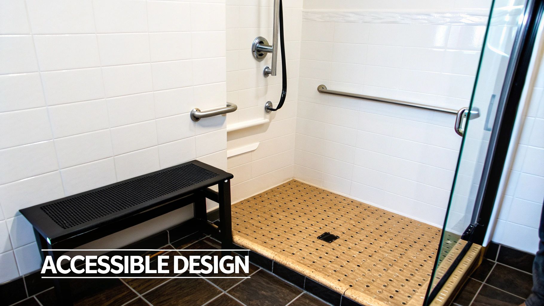 A modern, accessible bathroom featuring a shower with a built-in seat and grab bars.