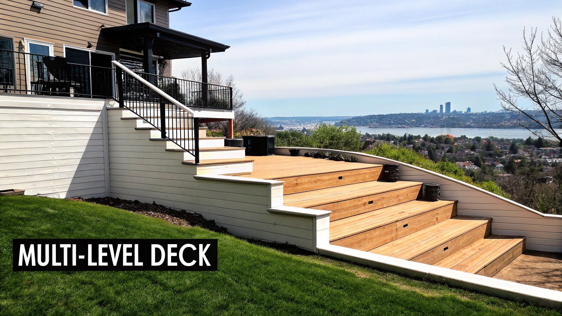 A beautiful multi-level wooden deck with white railings and stairs, offering city and water views.