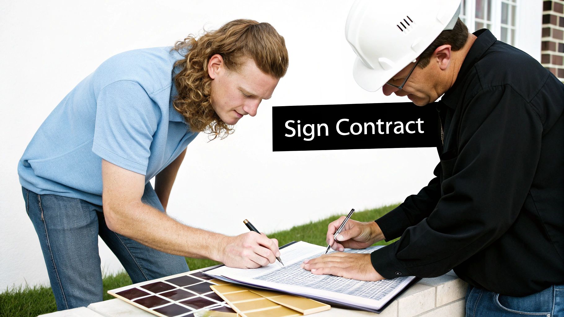 A contractor and client signing a renovation contract with tile samples nearby.
