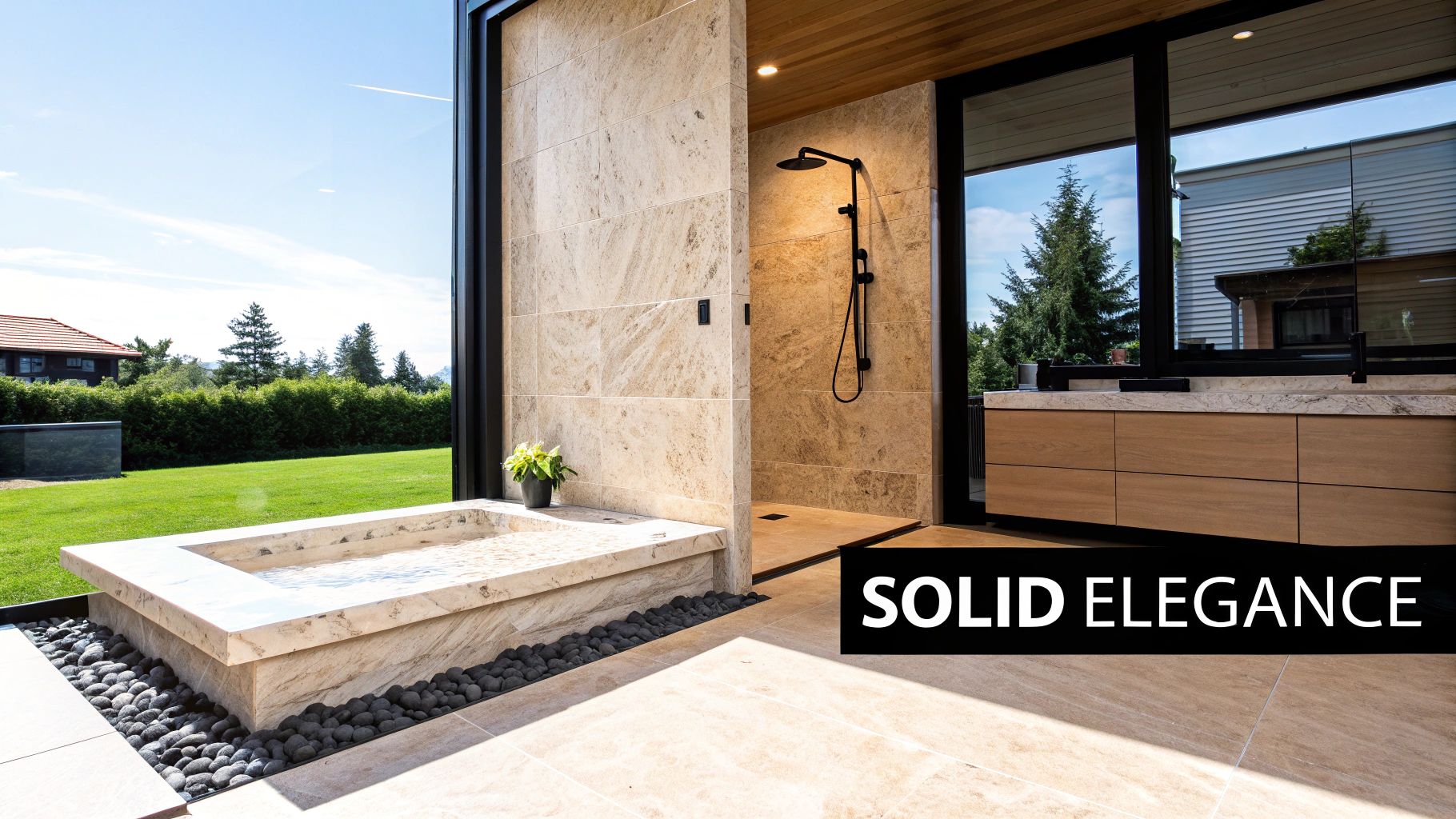 A luxurious modern bathroom featuring a sleek stone shower base.