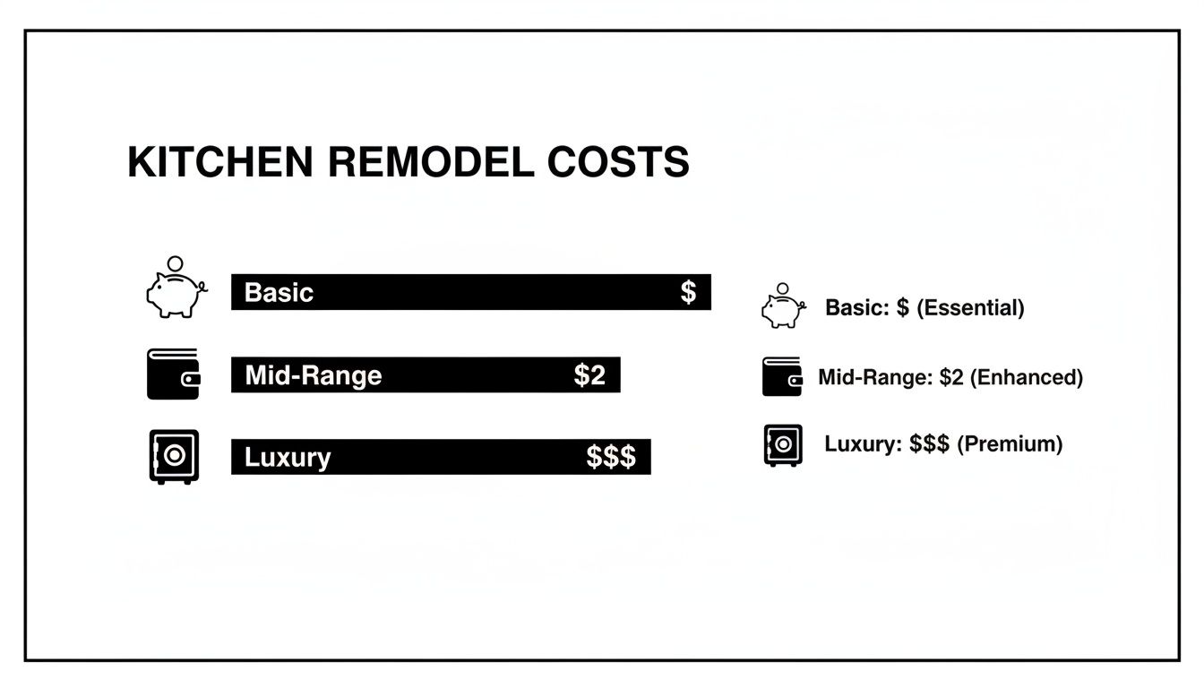 A chart showing kitchen remodel costs categorized into Basic, Mid-Range, and Luxury with dollar amounts.
