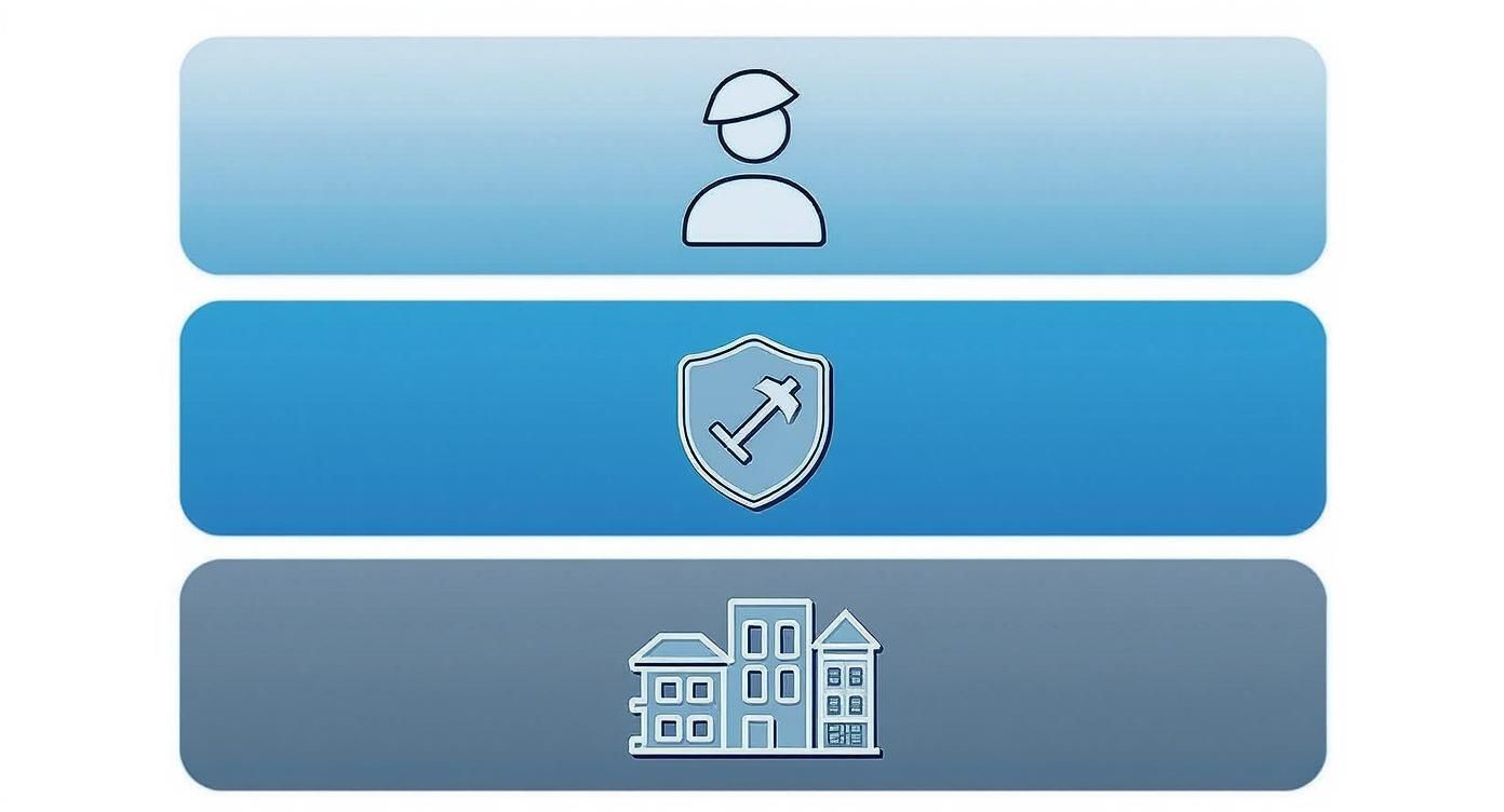 Three construction industry icons showing contractor, safety shield with hammer, and residential buildings illustration
