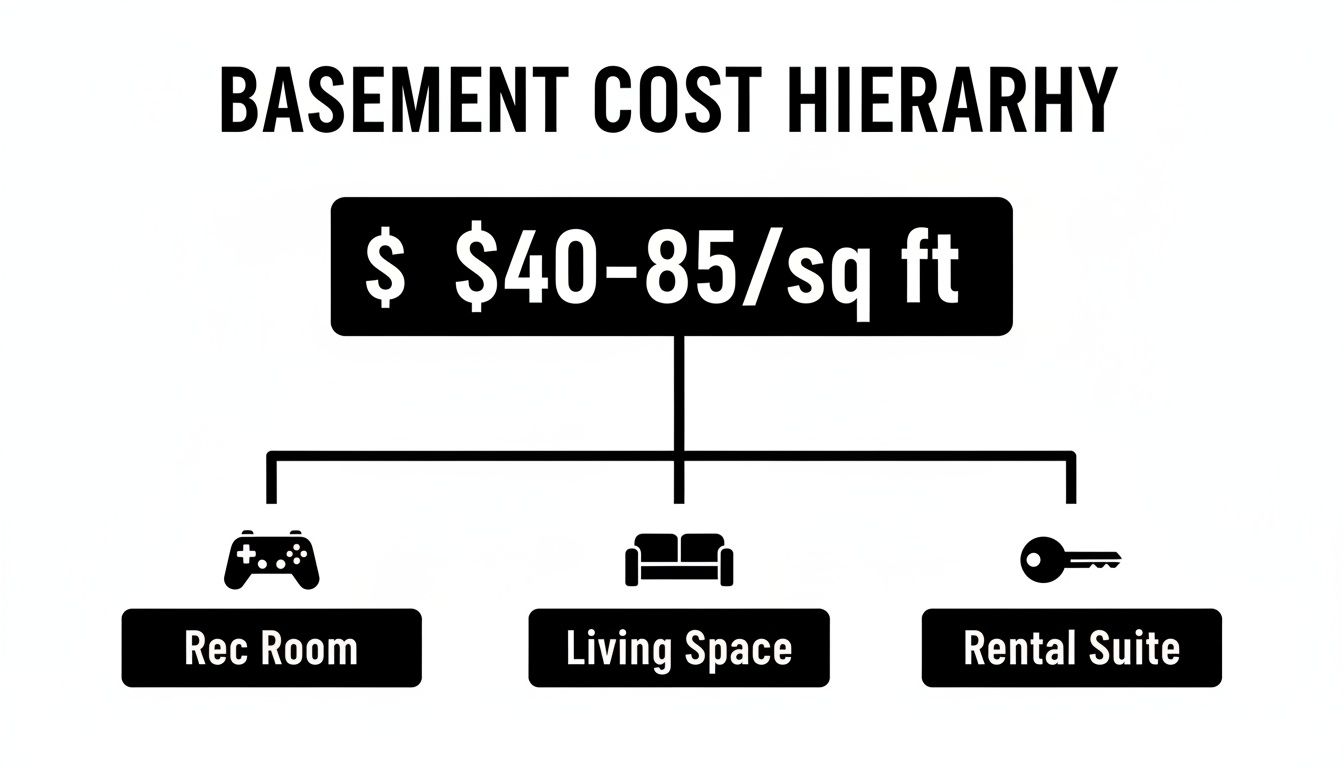 Basement cost hierarchy diagram showing finishes like rec room, living space, and rental suite at $40-85/sq ft.
