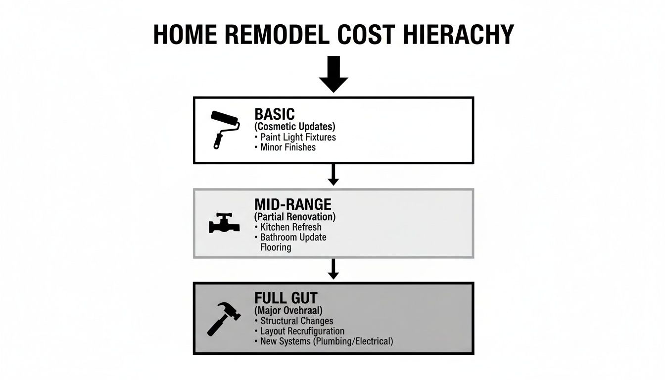A home remodel cost hierarchy chart showing basic, mid-range, and full gut renovation levels.