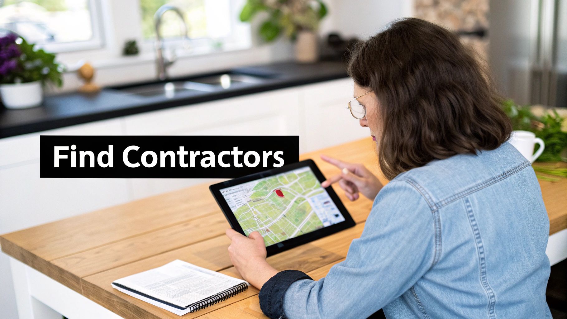 A woman in glasses and a denim shirt uses a tablet with a map to find contractors.