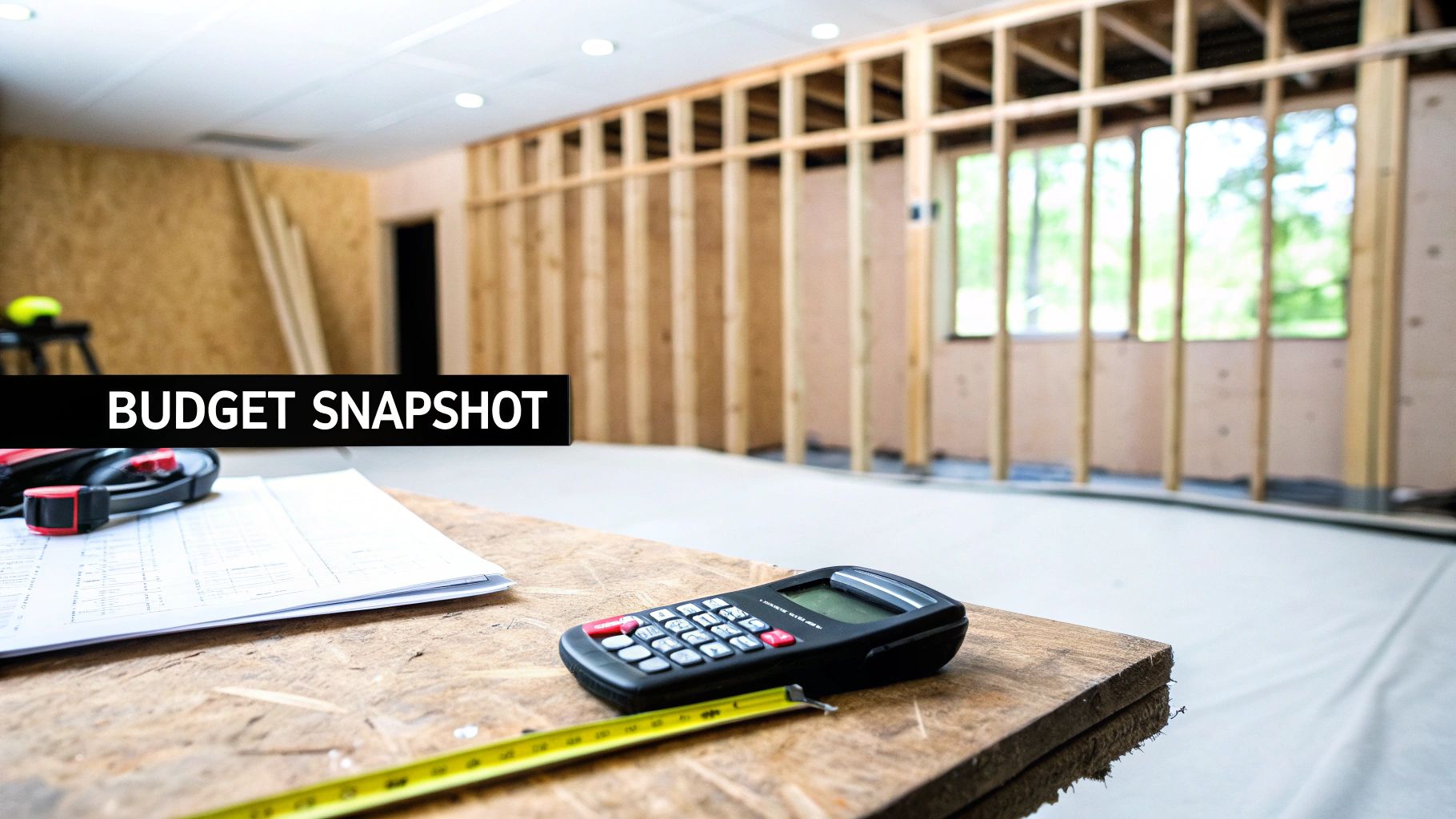 A calculator, measuring tape, and blueprints on a workbench in an unfinished room with wooden studs, indicating construction planning and budgeting.