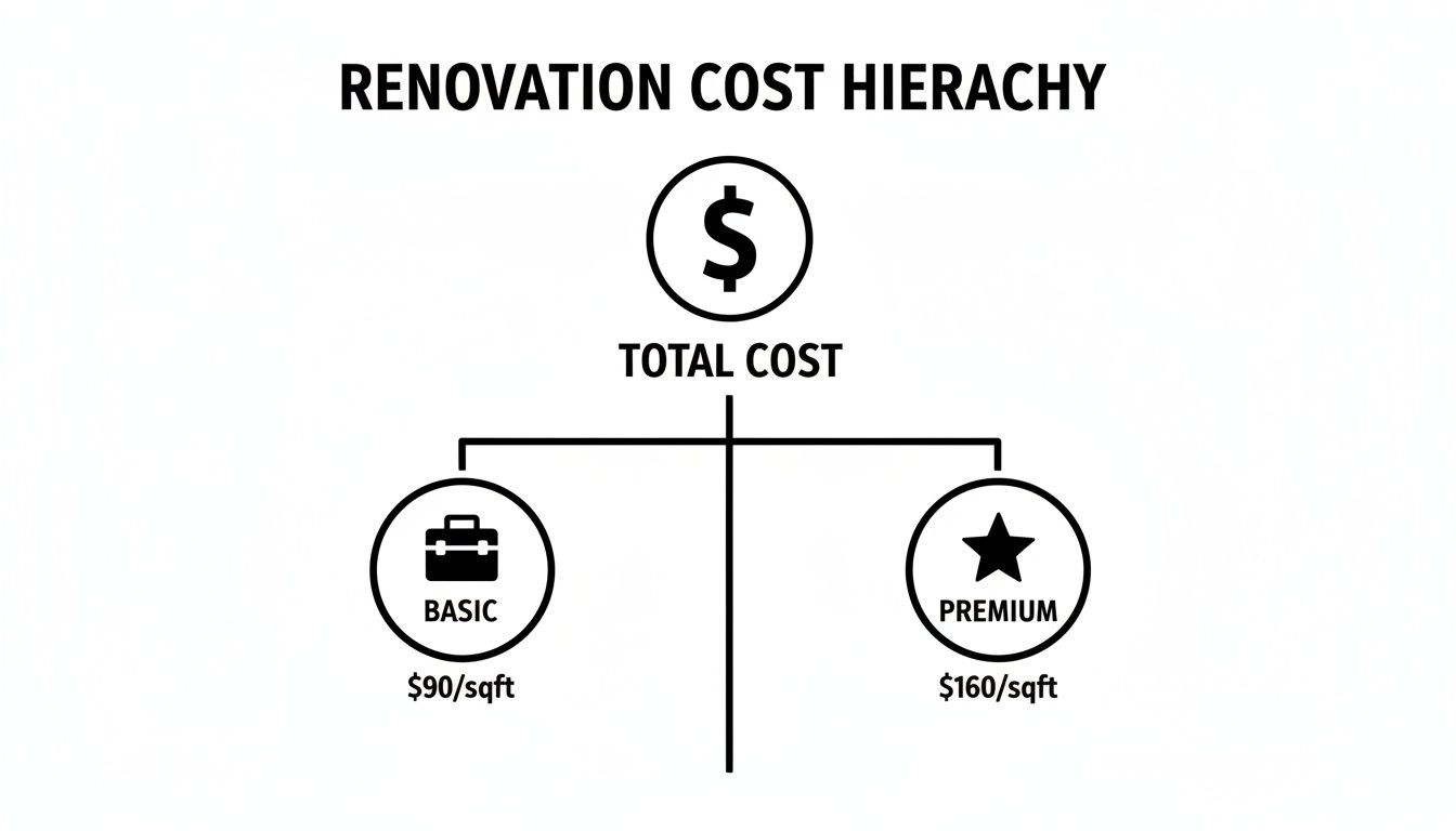 A renovation cost hierarchy diagram illustrating total cost split into basic and premium renovation options with pricing per square foot.