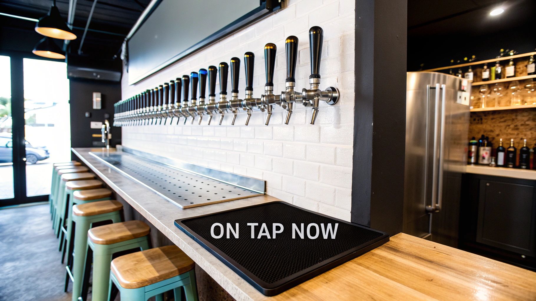 A modern bar with a long row of many beer taps, stools, and bottles on shelves.