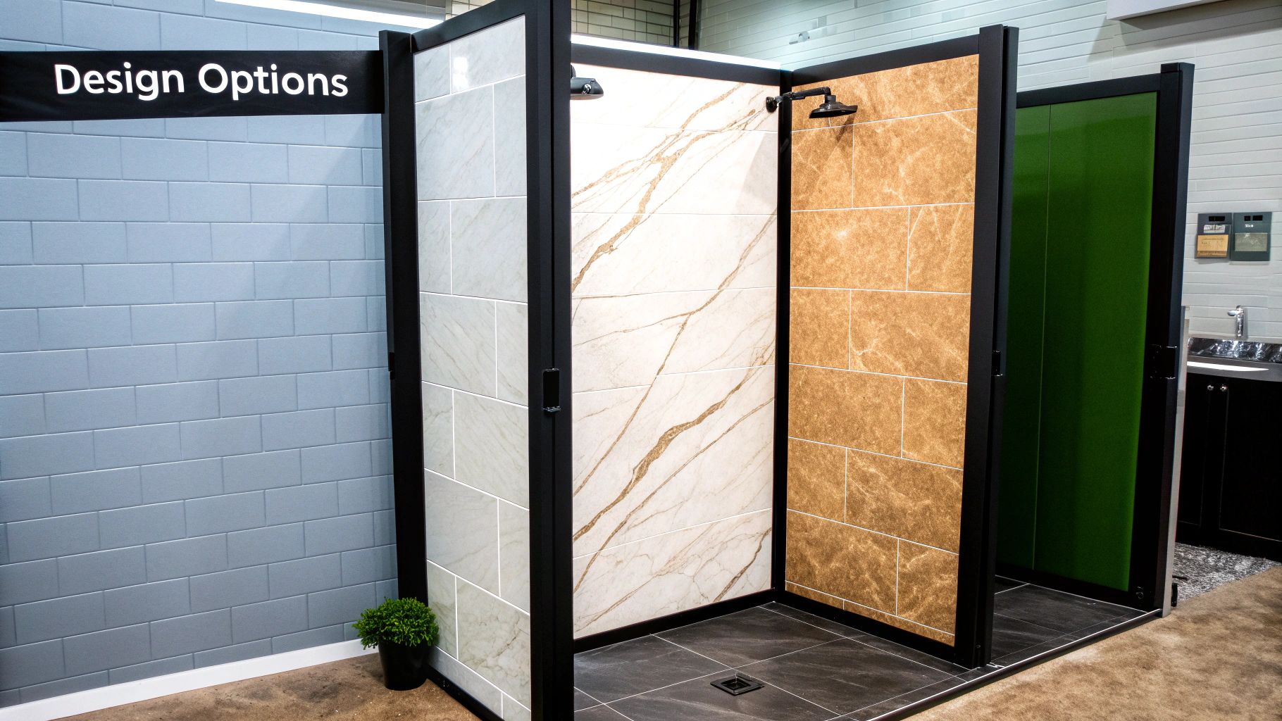 A showroom display showcasing various shower design options with different wall tiles and fixtures.