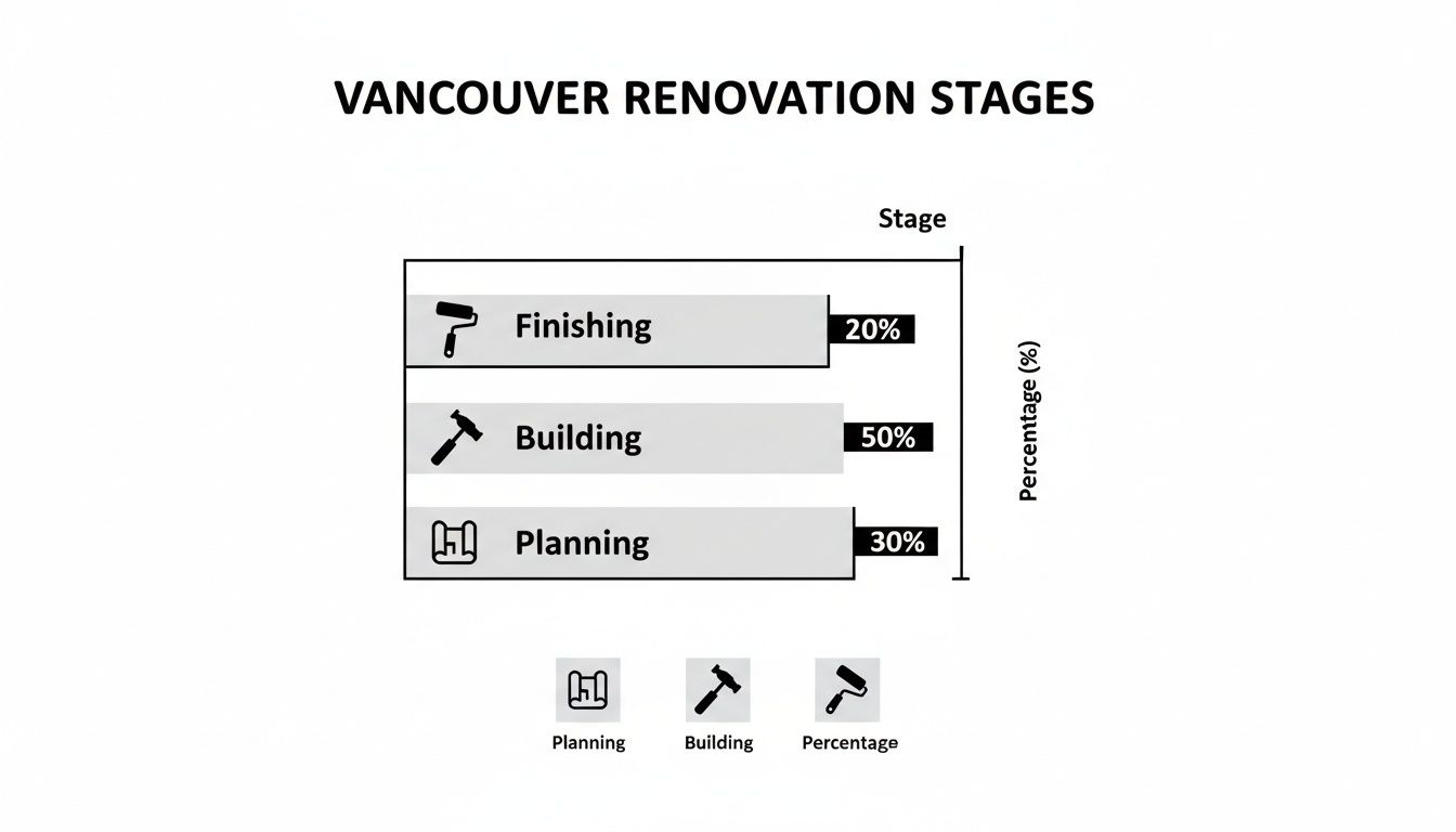 Bar chart illustrating Vancouver renovation stages: 30% Planning, 50% Building, and 20% Finishing.