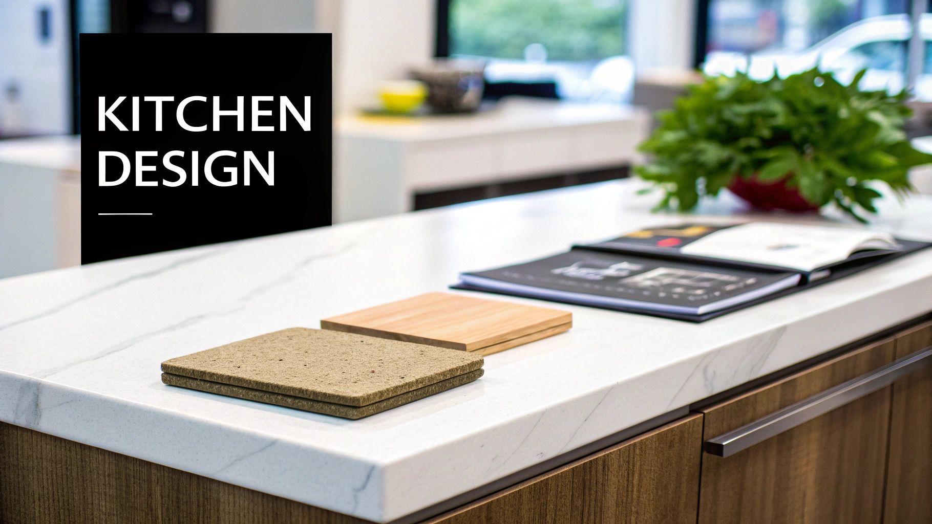 Modern kitchen design with white marble-look countertop, wood cabinets, material samples, and a design book.