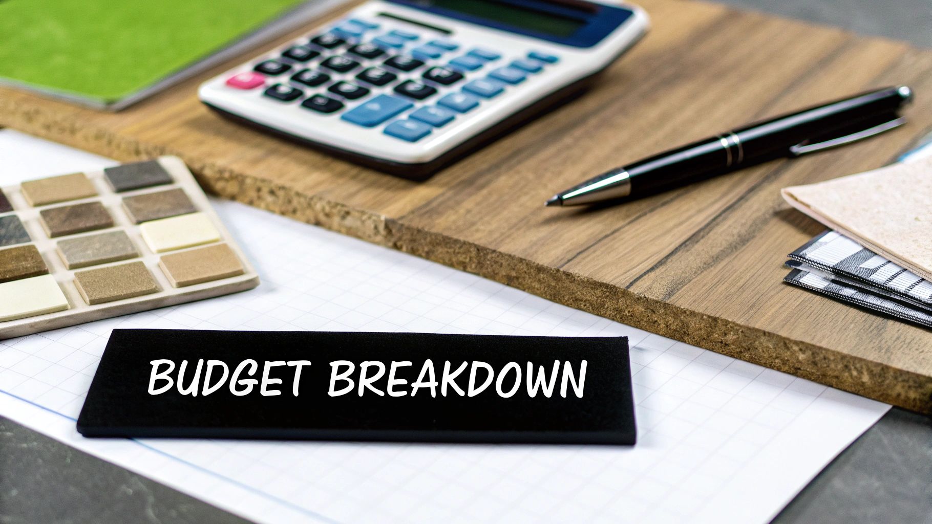 A 'BUDGET BREAKDOWN' sign rests on a desk with a calculator, pen, and material samples, indicating financial planning.