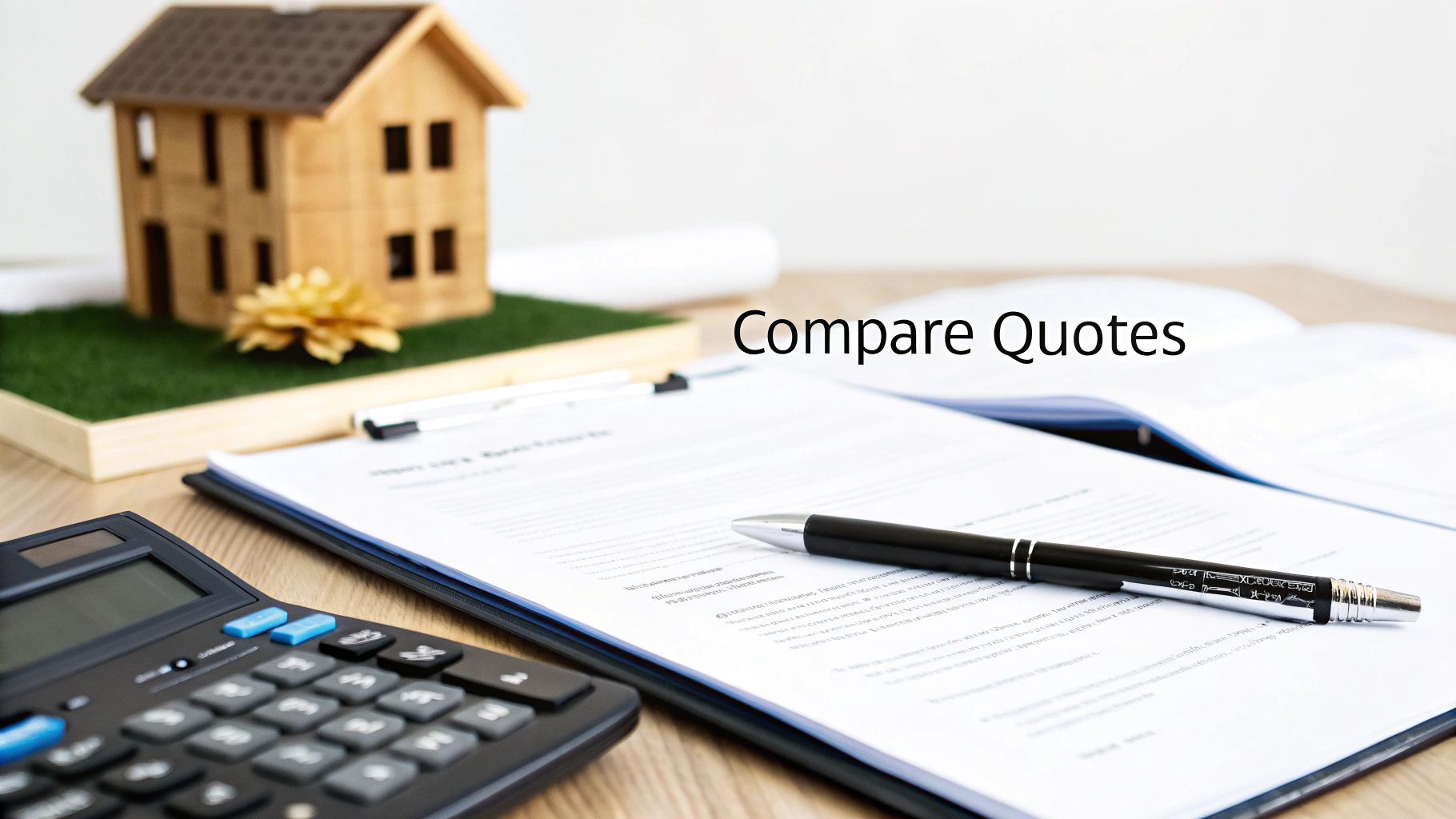 A miniature wooden house, calculator, pen on a document, and the text "Compare Quotes".