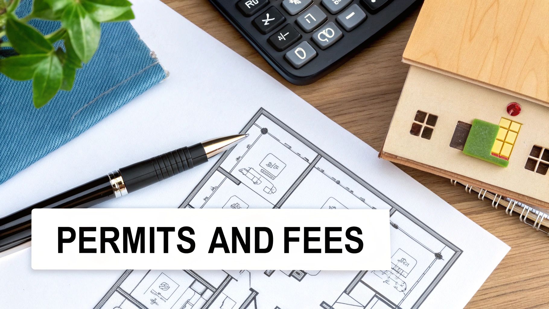 A flat lay shows a pen, calculator, house model, and blueprints with 'PERMITS AND FEES' text.