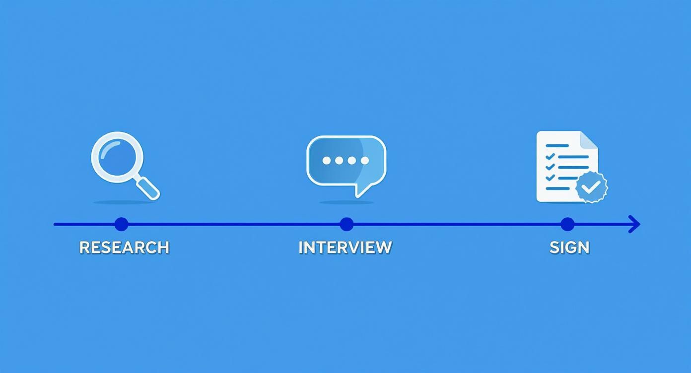 A blue background displays a three-step process flow: Research, Interview, and Sign, with corresponding icons.