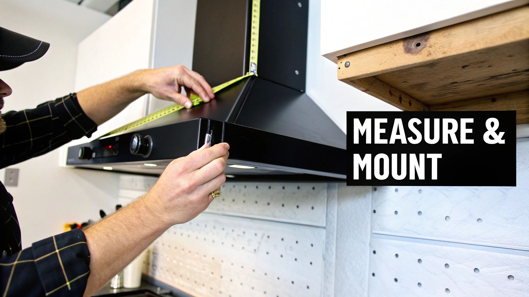 A stylish kitchen island with a modern range hood hanging from a high, vaulted ceiling.