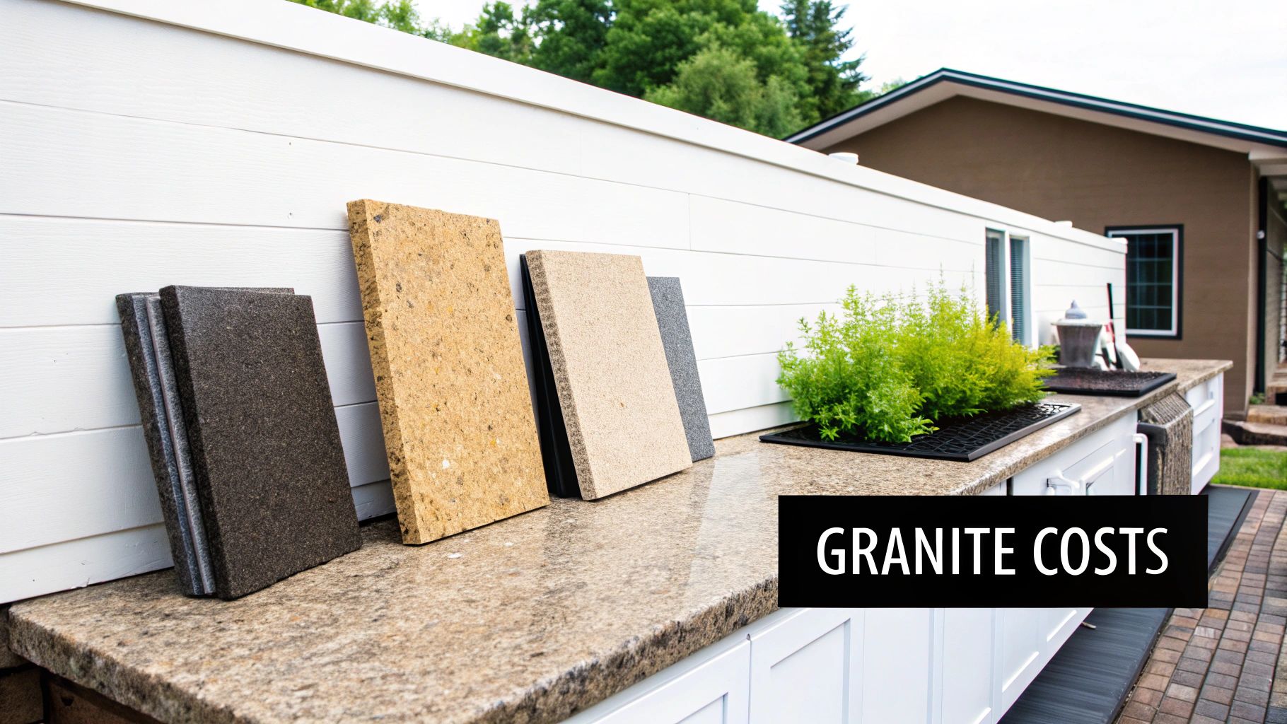 Various granite samples in different colors displayed on an outdoor countertop, with a 'Granite Costs' text overlay.