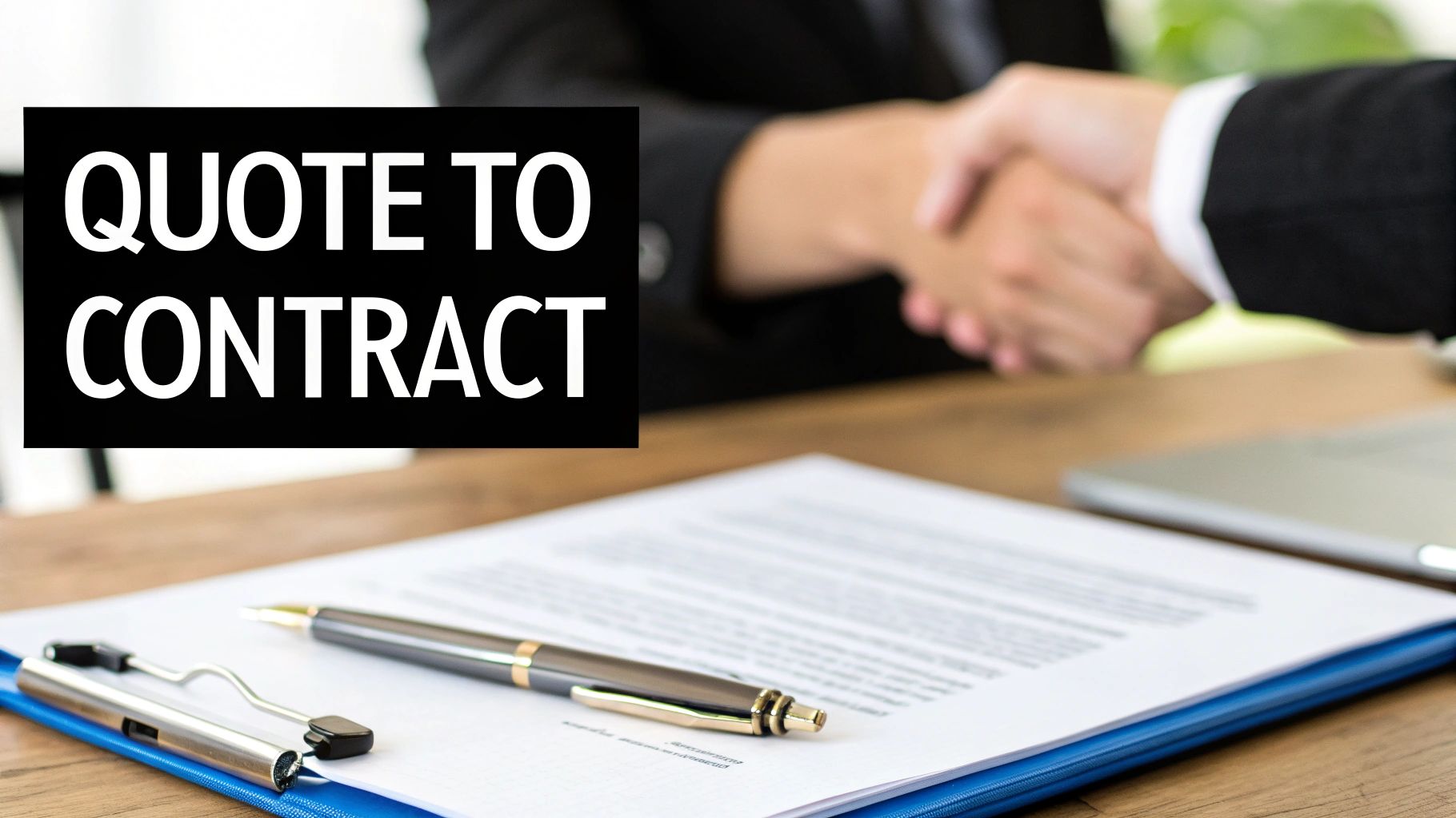 Two business professionals shaking hands over a signed document with a pen, featuring the text 'QUOTE TO CONTRACT'.