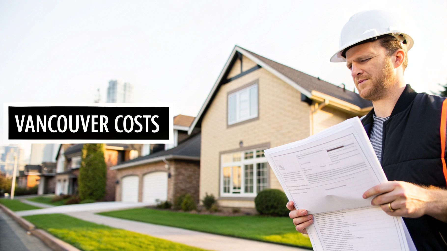 A construction worker in a hard hat reads building plans in front of suburban Vancouver homes, considering costs.