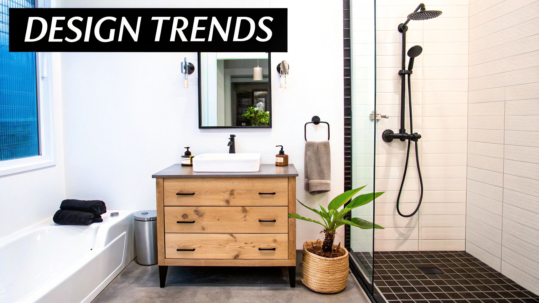 Modern bathroom with wood vanity, white vessel sink, black shower fixtures, and a bathtub.