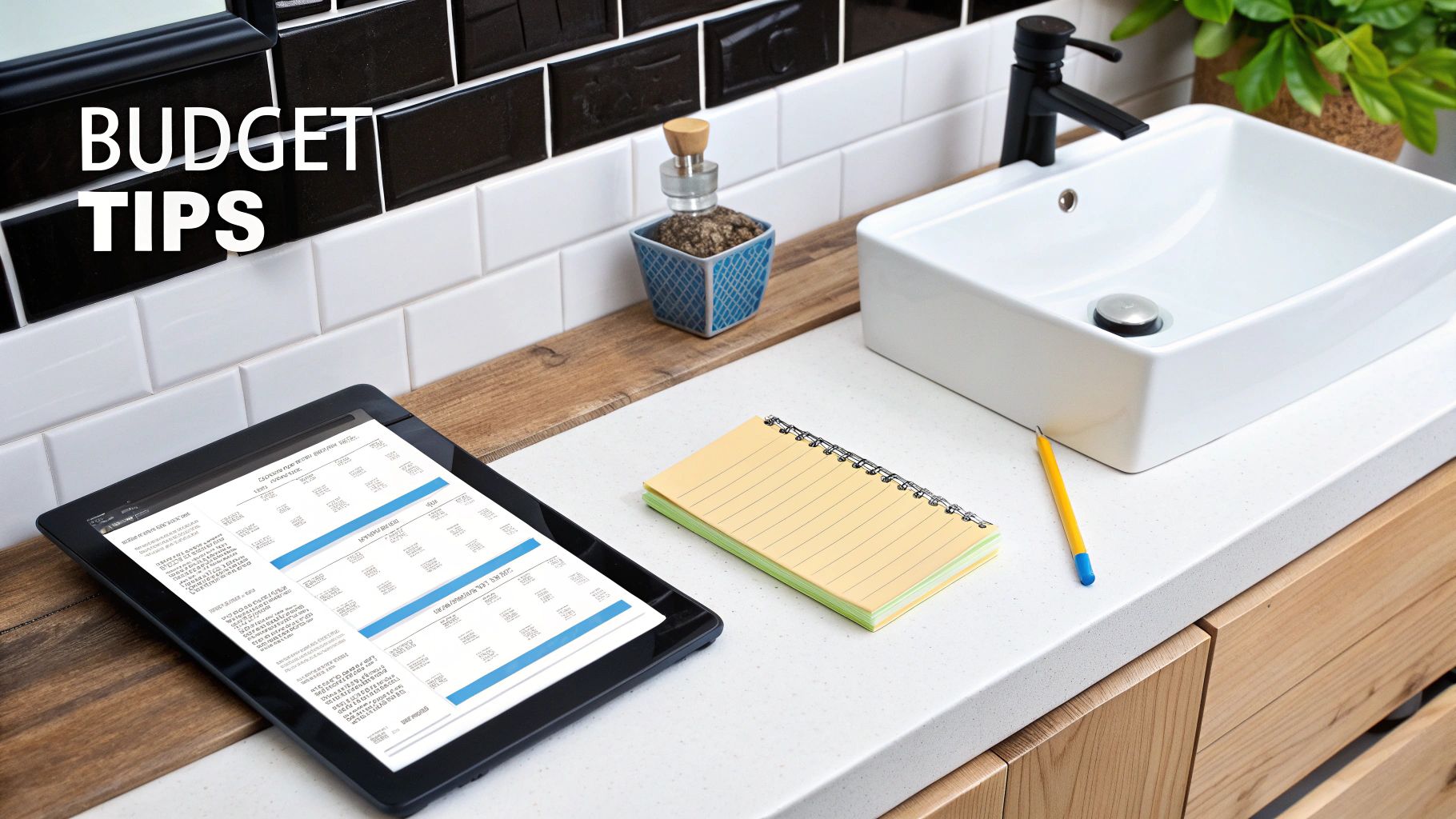 A tablet showing a budget spreadsheet, a notepad, and a pencil on a modern bathroom counter, with 'BUDGET TIPS' text.