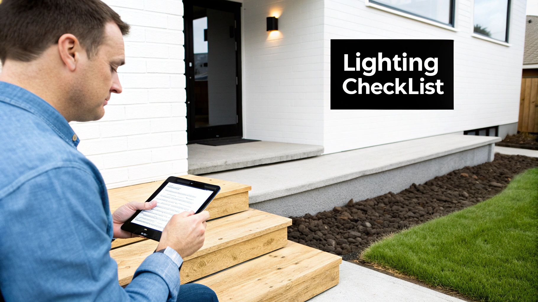 Man sitting on wooden steps outside a modern white house, viewing a lighting checklist on a tablet.