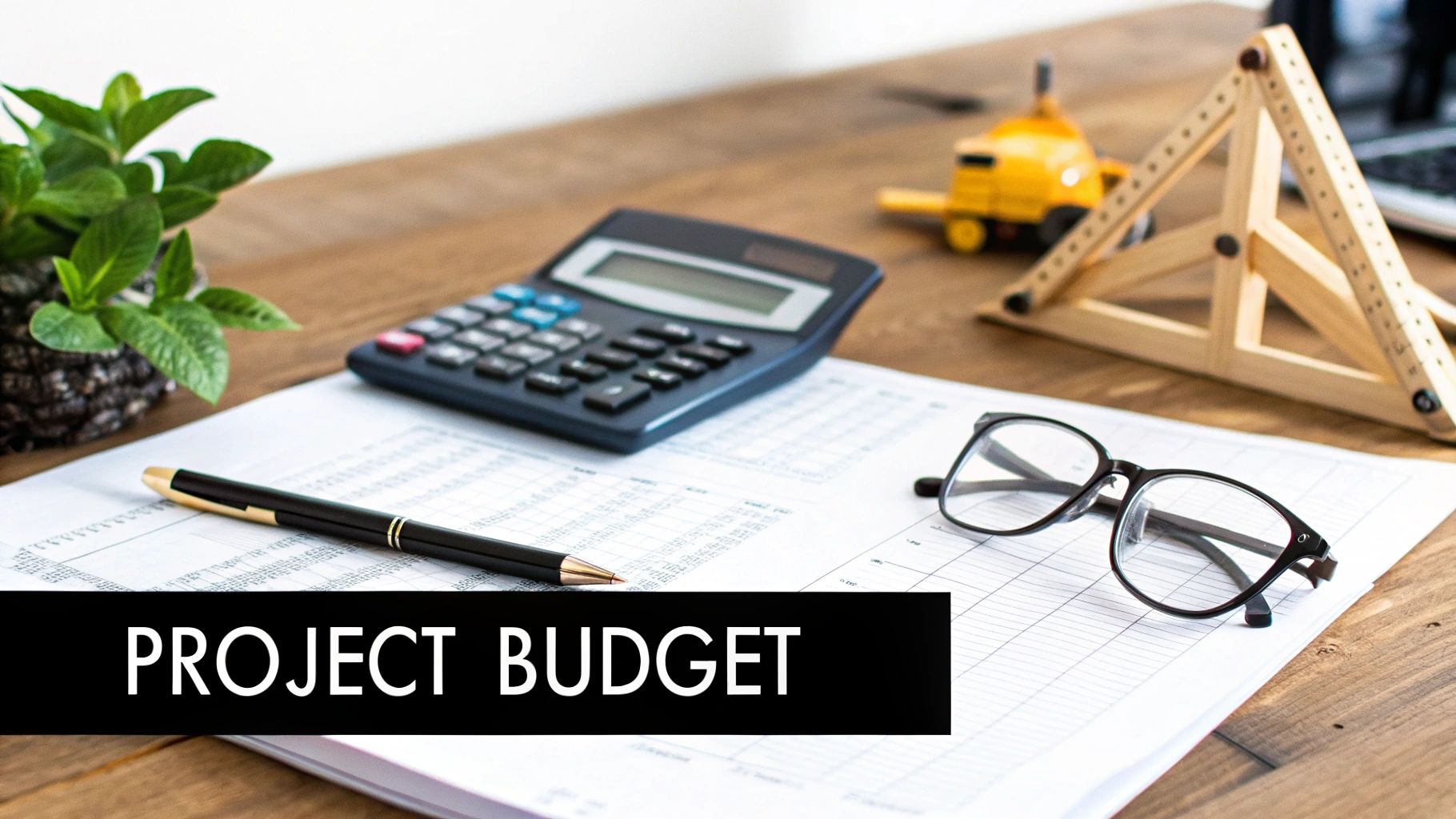 A desk with a calculator, pen, glasses, and construction items for project budget planning.