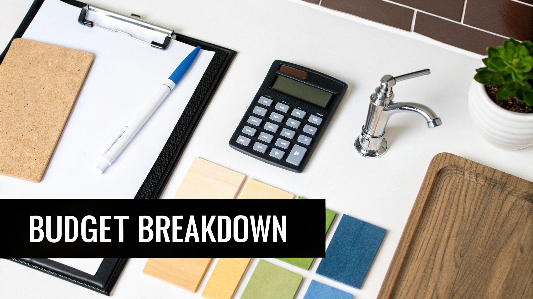 Overhead view of a workspace for budgeting with a calculator, clipboard, pen, and a small faucet.