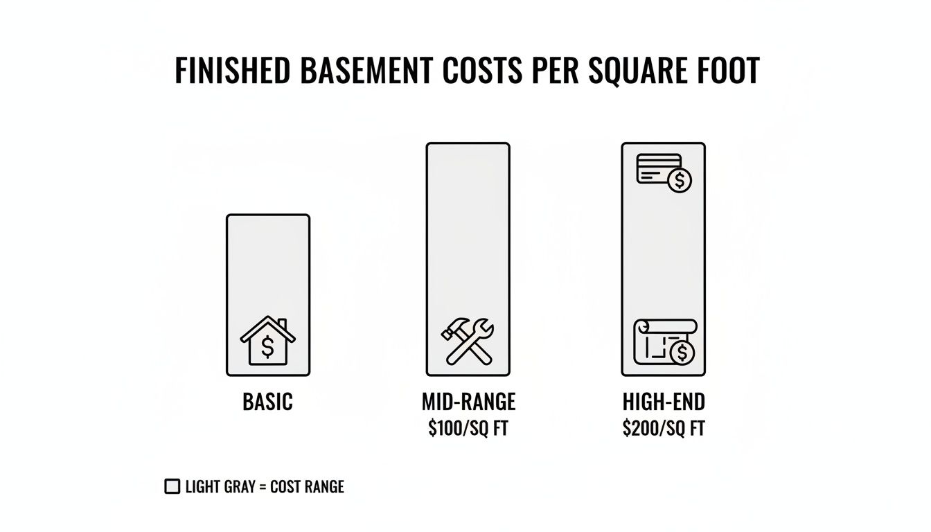 A bar chart illustrating finished basement costs per square foot for basic, mid-range, and high-end options.